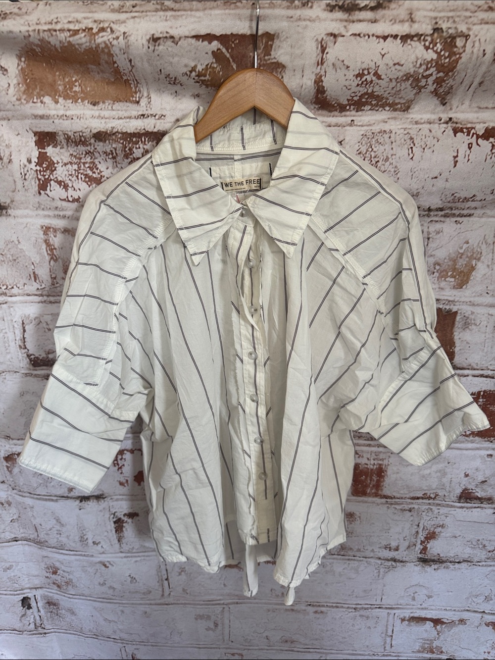 We The Free Cream and Gray Striped Button-Down Shirt